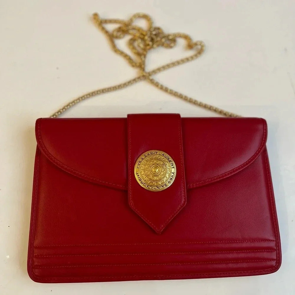 ! Rare Vintage, 1980's Yves Saint Laurent red bag with gold chain